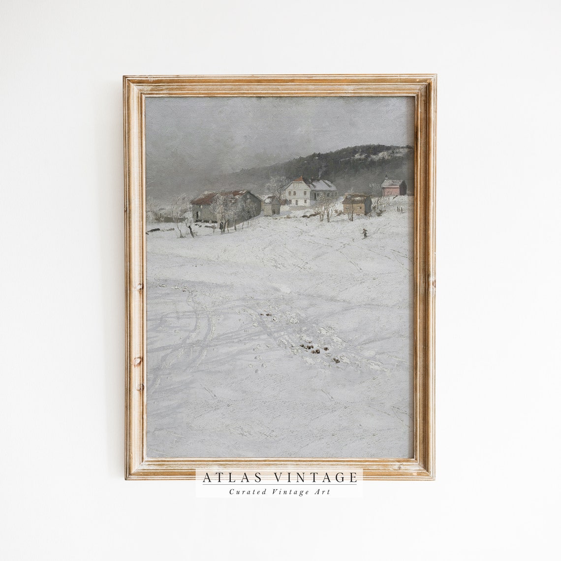Moody Snowy Landscape Oil Painting Antique Winter Print Vintage Winter Wall Art French Country Wall Dcor