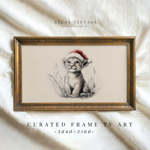 Cute Baby Lion In Santa Hat Sketch Frame Tv Art Neutral Nursery Christmas Decor Animal Drawing Frame Tv Vintage Xmas Screensaver