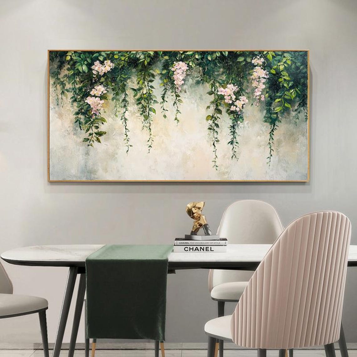 Hanging Green Vines With Pink Flowers Soft Botanical Art Poster - Image 4