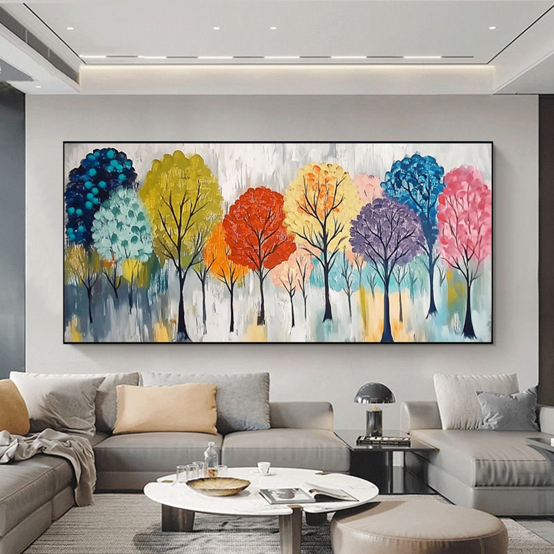 Cheerful Row of Rainbow Color Trees in Whimsical Forest Poster - Image 2