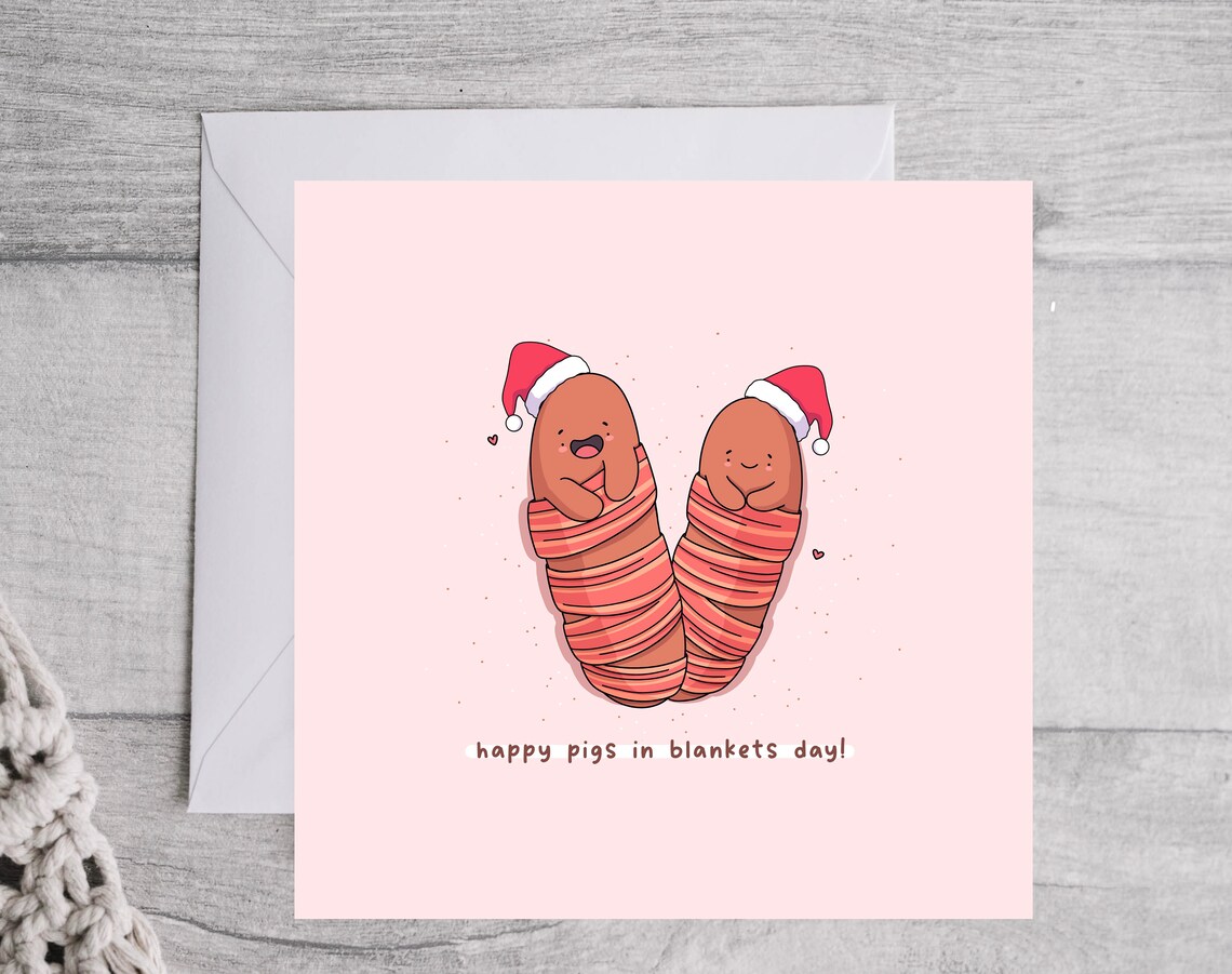 Kawaii Pigs in Blankets Christmas Pun Poster with Santa Hats - Image 2