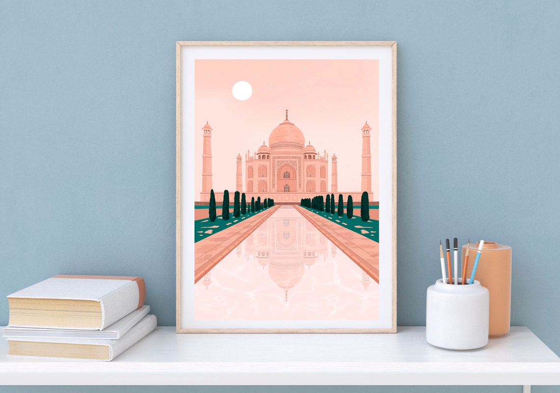 Taj Mahal India Daytime Soft Pink Sky Reflection Travel Art Print - Image 2