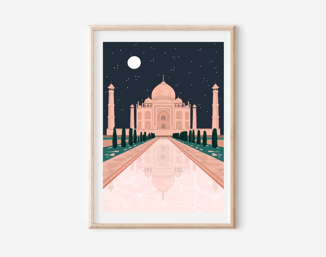 Taj Mahal India Night Moon Starry Sky Reflection Travel Art Print - Image 4
