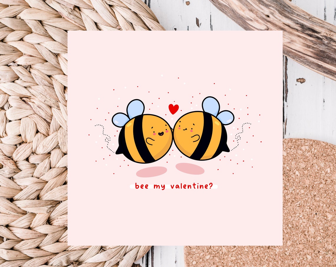 Kawaii Bee Valentine Pun Poster with Bee My Valentine Nuzzling Bees - Image 3