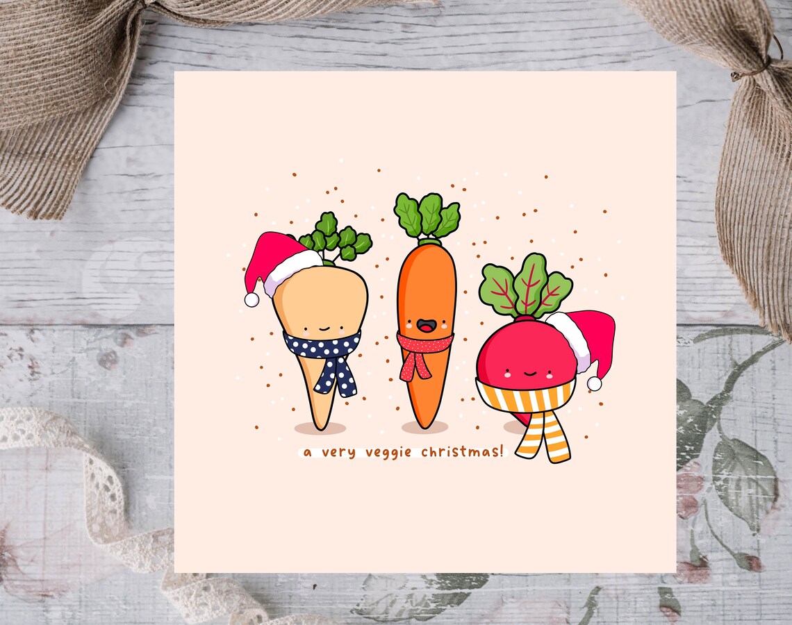Kawaii Veggie Christmas Pun Poster with Carrot Radish Santa Hats - Image 2