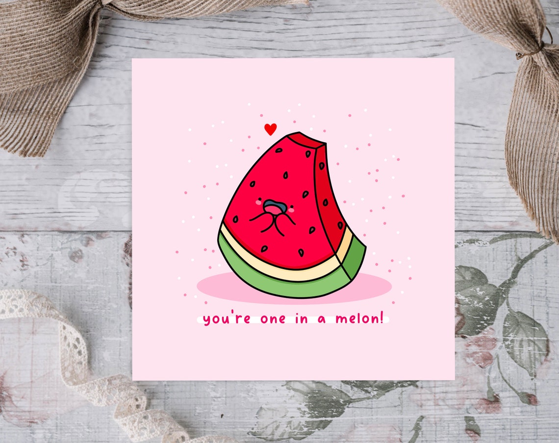 Kawaii Watermelon Slice One In A Melon Punny Love Card Art Print - Image 2