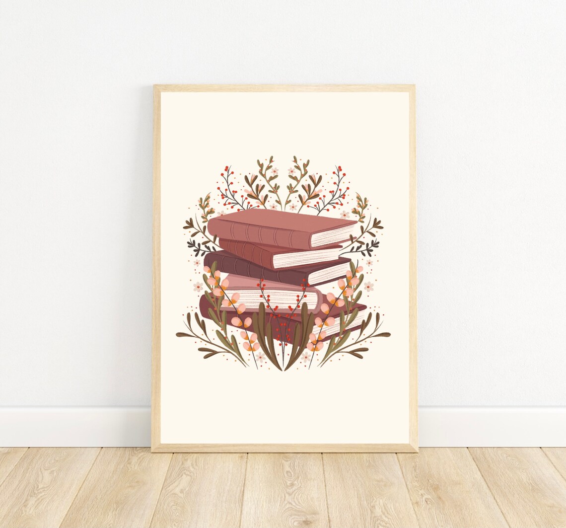 Stack of Vintage Books Botanical Floral Illustration Art Print - Image 3