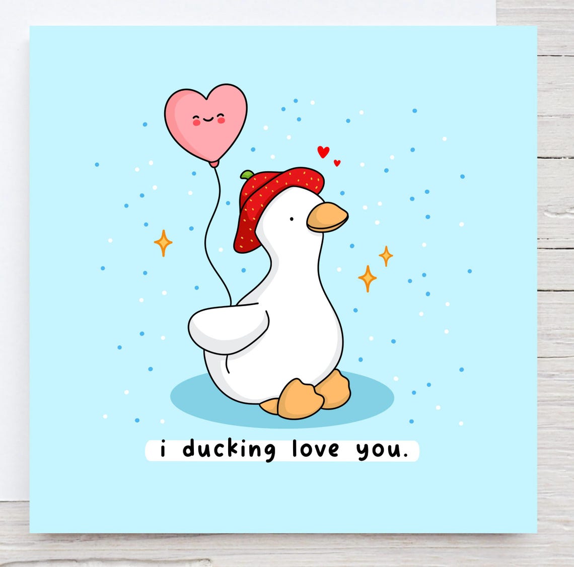 Kawaii Duck Heart Balloon Valentine Pun Poster with Strawberry Hat