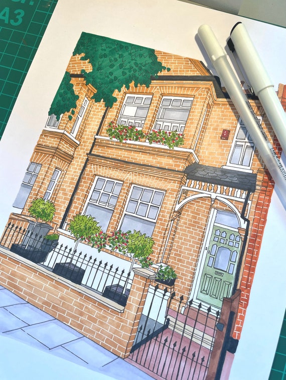Custom House Portrait Pen and Ink Brick Townhouse Home Decor Print