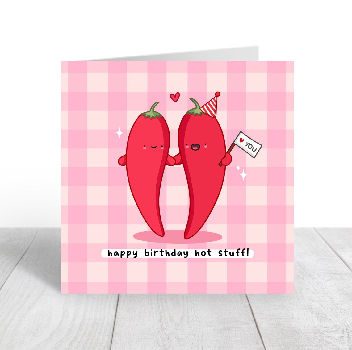Happy Birthday Hot Stuff Card Funny Pun Birthday Card Punny Love Card Chilli Pun Gingham - Image 3