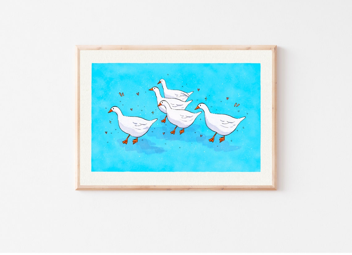Five Happy White Geese Turquoise Watercolour Illustration Art Print - Image 2