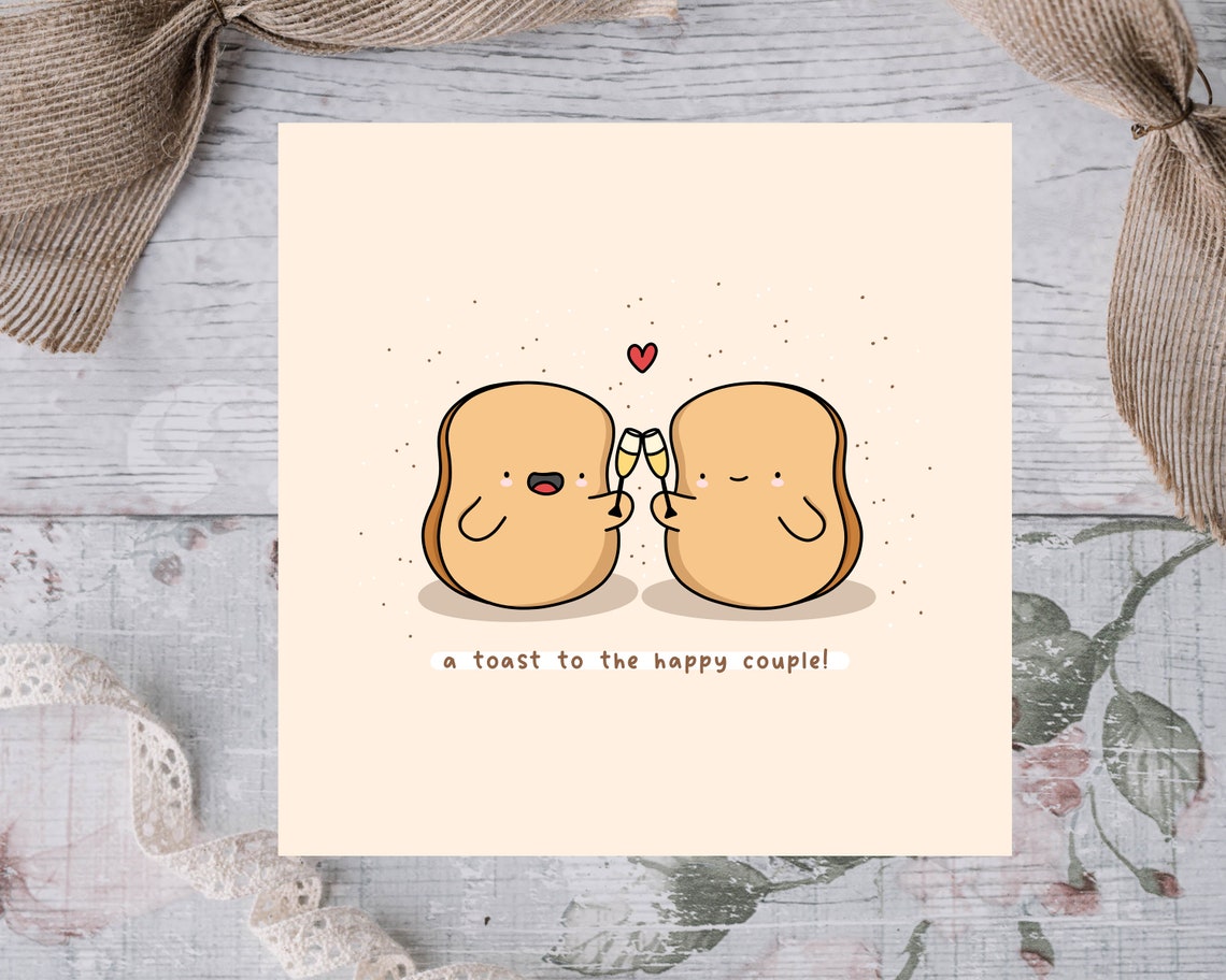 Toasting Bread Slices Happy Couple Wedding Card Food Pun Print - Image 3