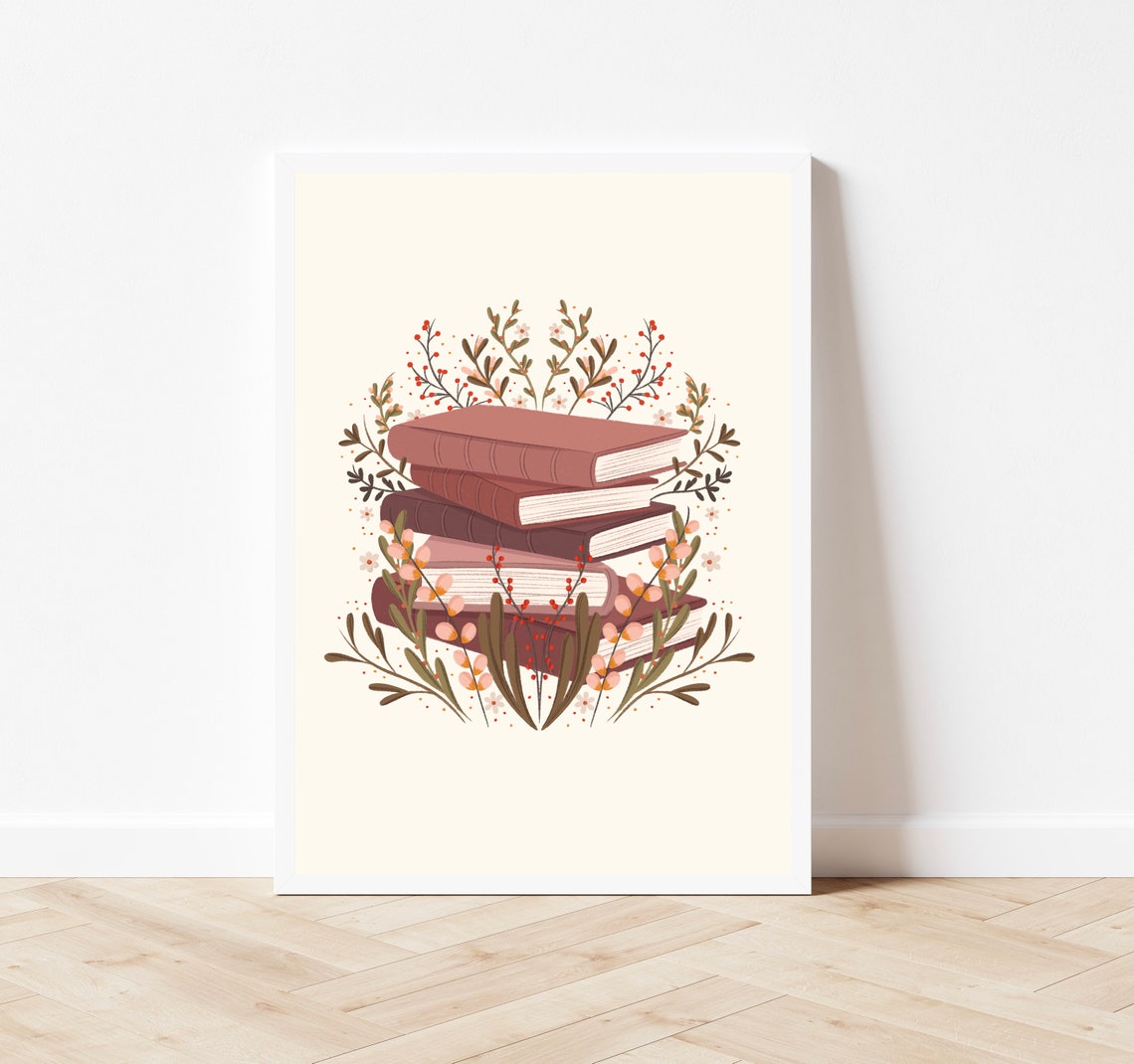 Stack of Vintage Books Botanical Floral Illustration Art Print