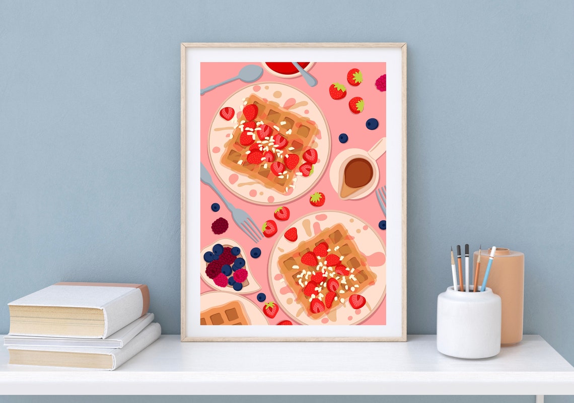 Waffles with Strawberries Breakfast Art Print on Pink Background - Image 3