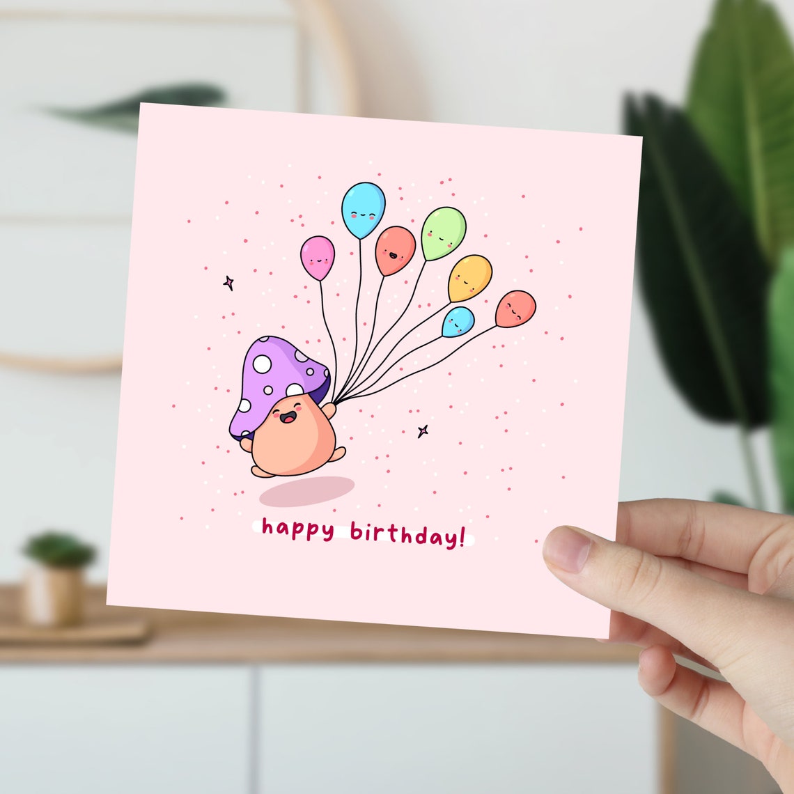 Kawaii Mushroom Holding Balloons Happy Birthday Pink Art Print - Image 5