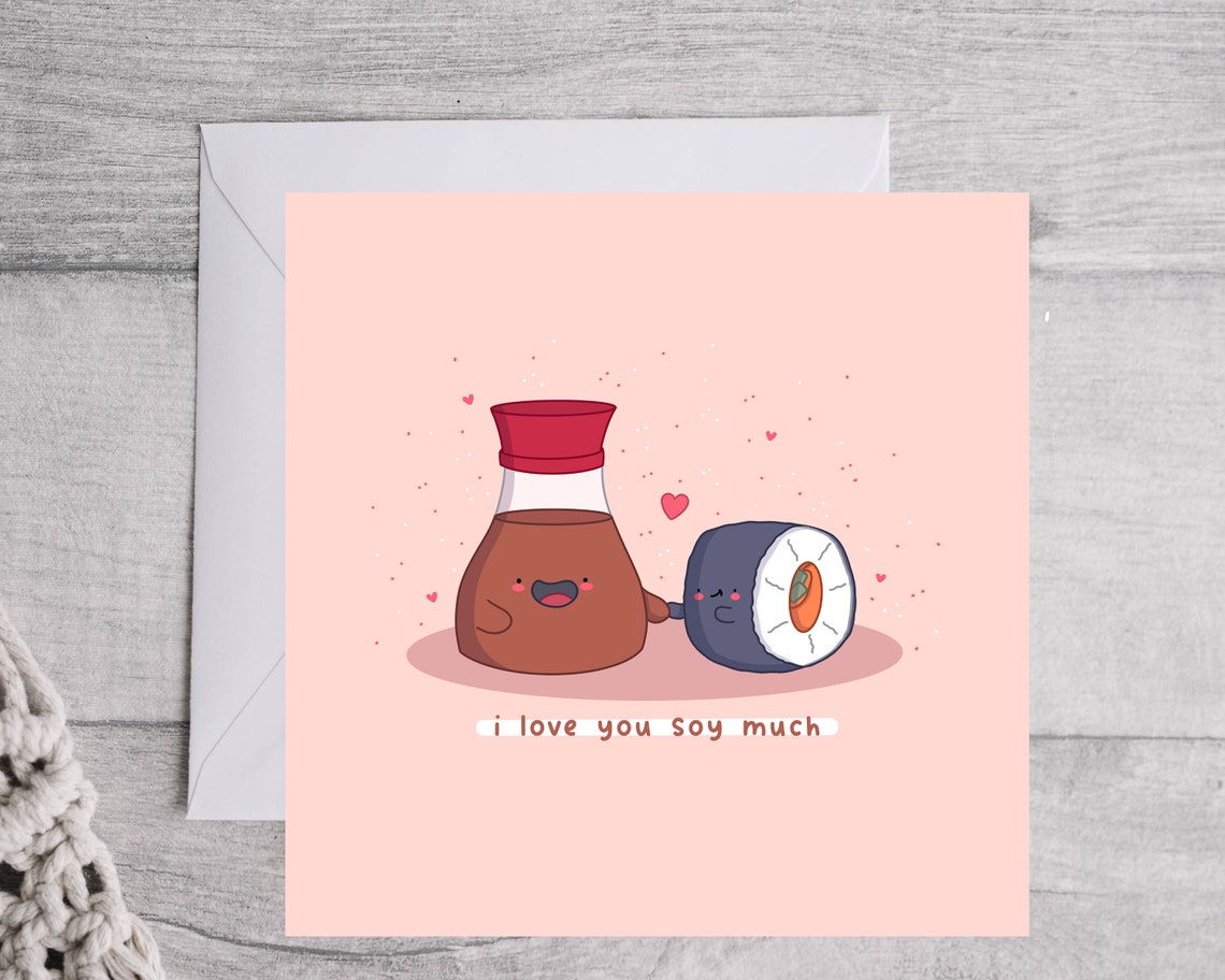 Cute Soy Sauce and Sushi Roll I Love You Soy Much Card Print - Image 2