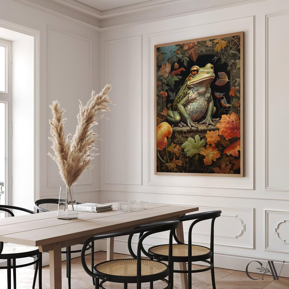 Green Frog On Carved Ledge In Autumn Leaf Frame Vintage Poster - Image 2