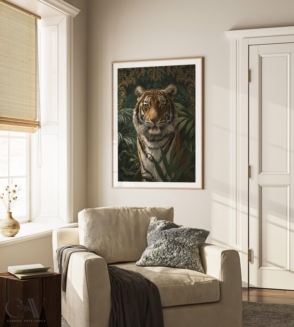 Dark Tiger Face Portrait With Gold Damask Jungle Foliage Poster - Image 3