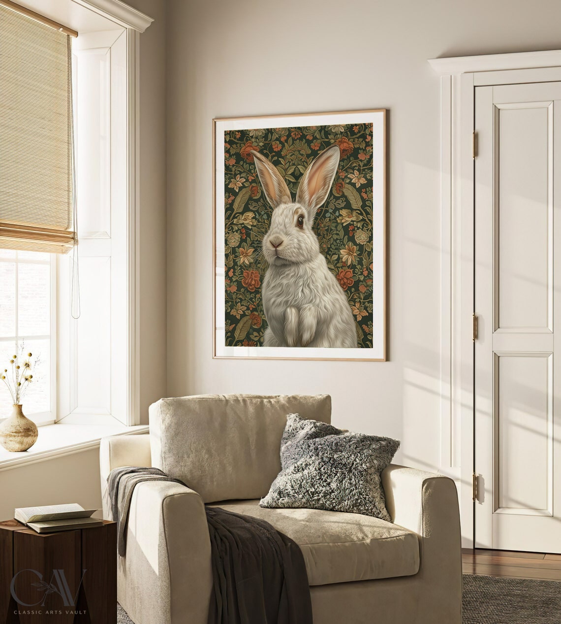 Sweet White Hare Close Portrait on Dark Vintage Botanical Poster - Image 2