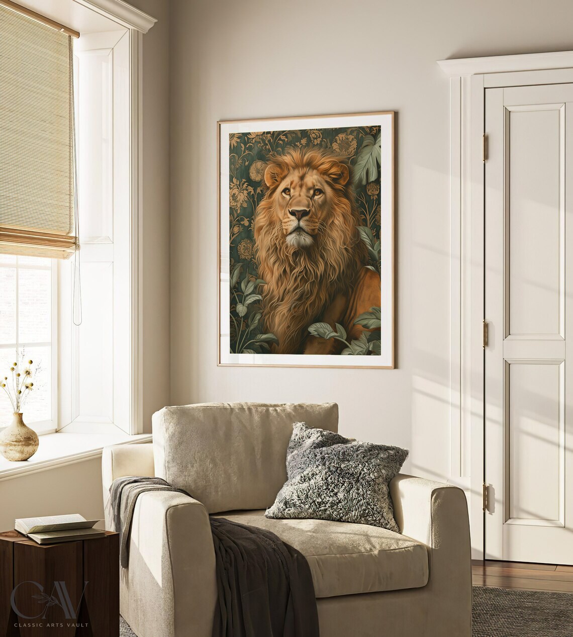 Majestic Lion with Golden Mane Dark Green Floral Wallpaper Poster - Image 3
