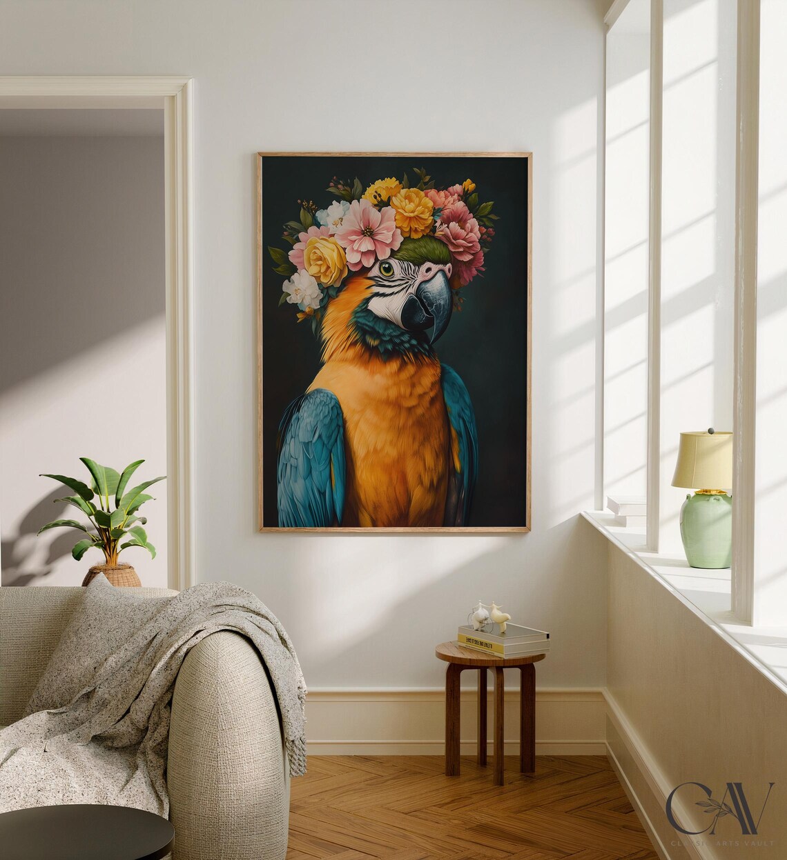 Bright Blue and Gold Macaw Wearing Floral Crown on Dark Art Poster - Image 2