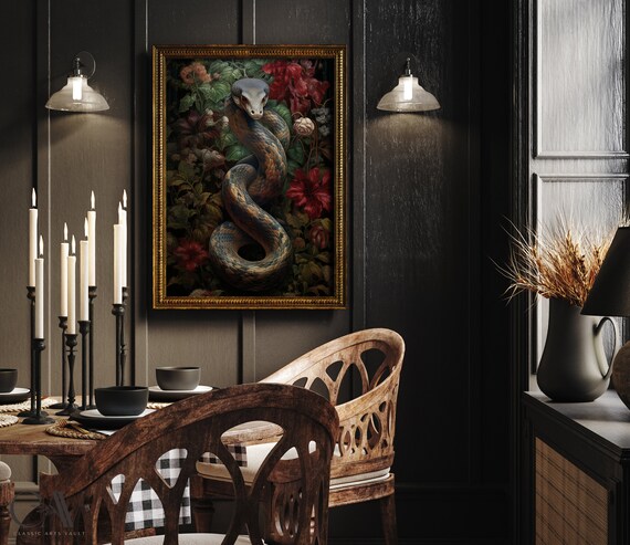 Coiled Snake Among Dark Red Flowers in Gold Frame Moody Poster