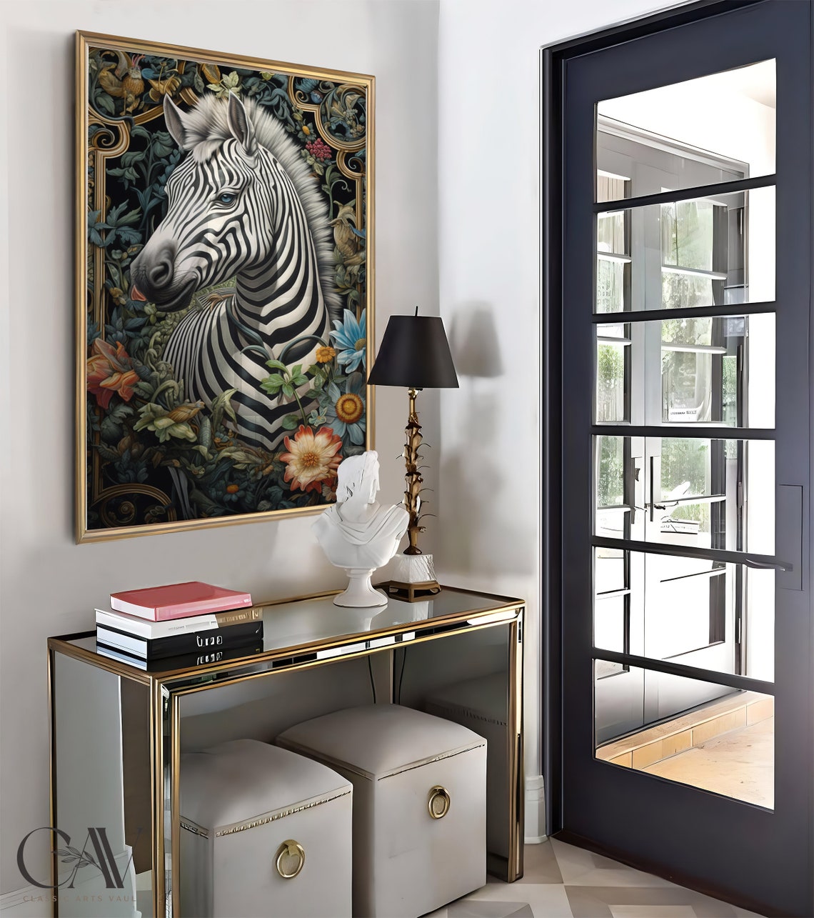 Zebra Portrait in Ornate Gold Frame with Dark Botanical Art Print - Image 3