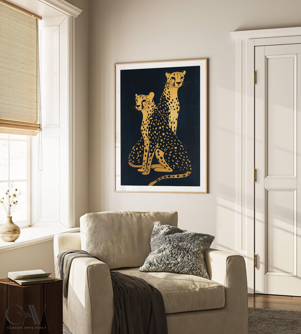 Two Gold Cheetahs Sitting Together On Dark Navy Animal Poster - Image 4