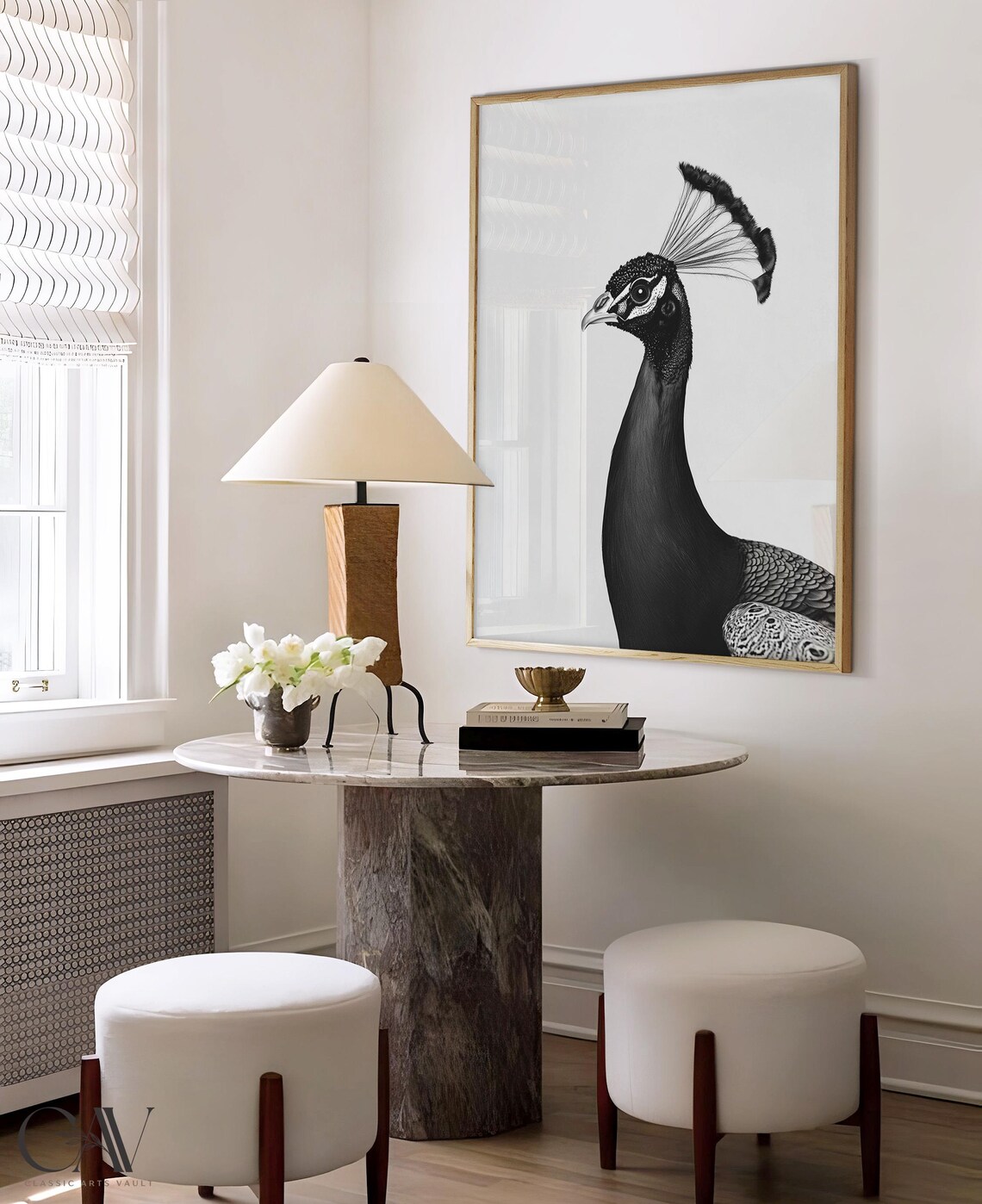 Black and White Peacock Side Profile Portrait Photography Poster - Image 4