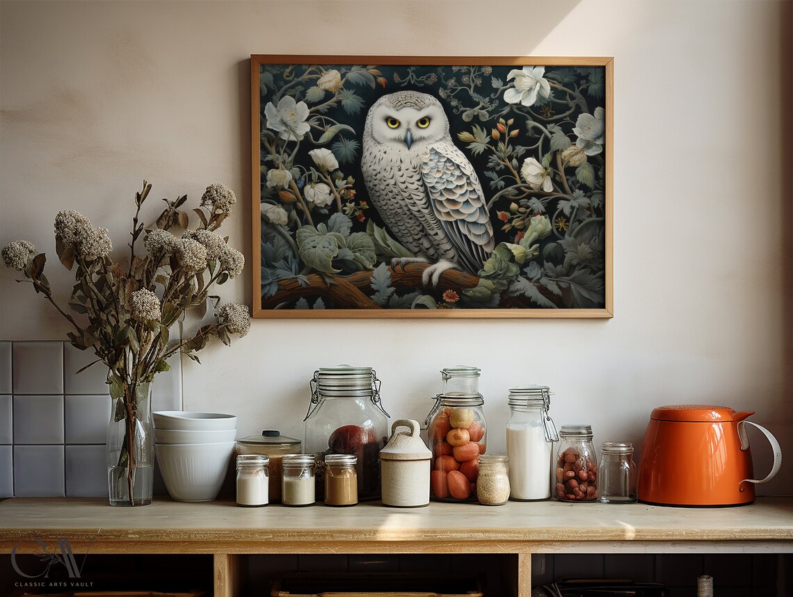 Snowy Owl Perched In Dark Floral Night Garden William Morris Poster - Image 4