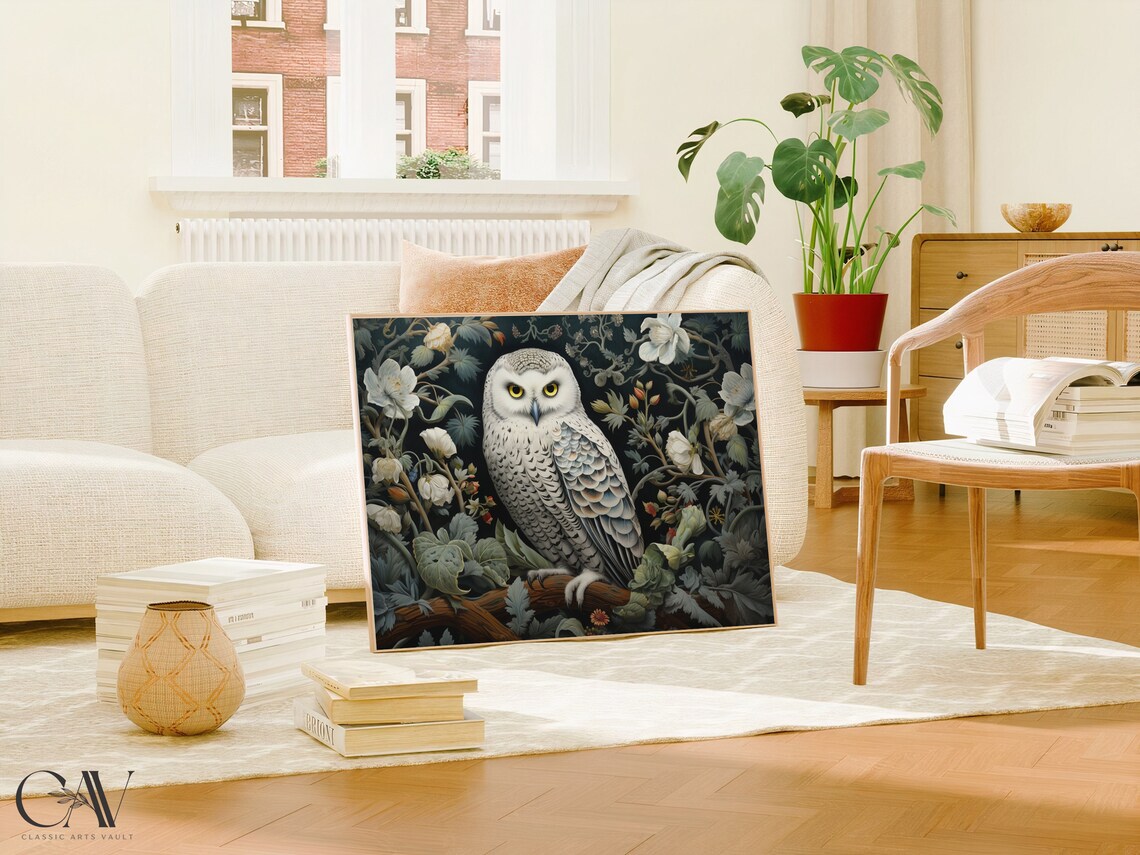 Snowy Owl Perched In Dark Floral Night Garden William Morris Poster