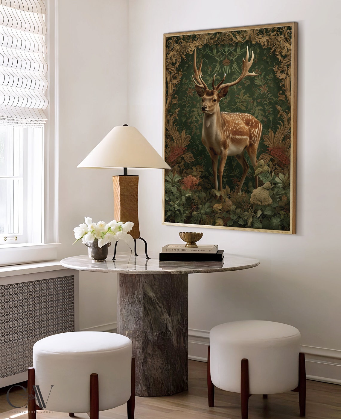 Spotted Fallow Deer Stag Among Flowers Dark Green Damask Poster - Image 4