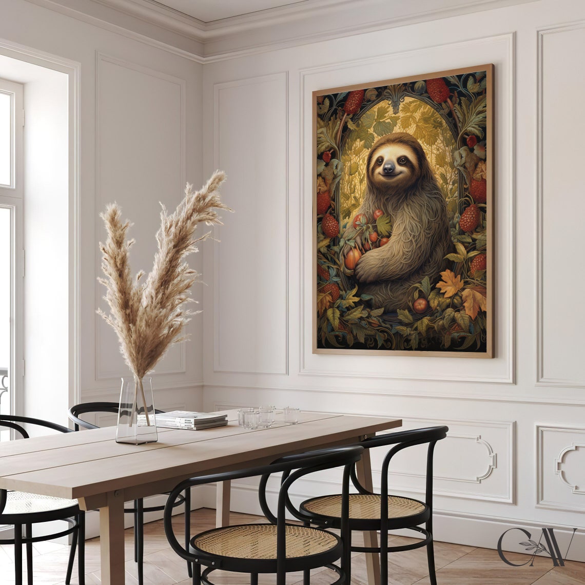 Sweet Smiling Sloth Among Autumn Berries Vintage Botanical Poster - Image 3