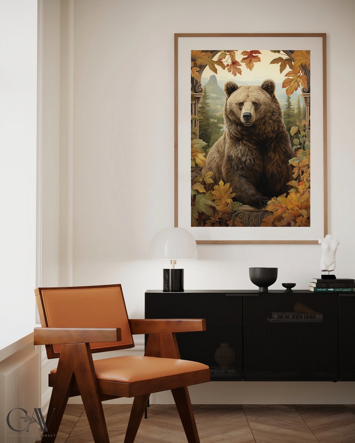 Brown Bear On Stone Balcony With Mountain Forest View Poster - Image 4