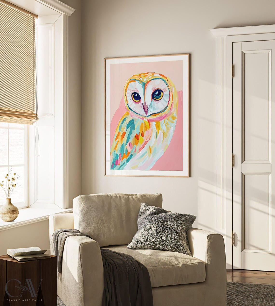 Barn Owl Colorful Brushstroke Portrait Pink Background Wall Art - Image 2