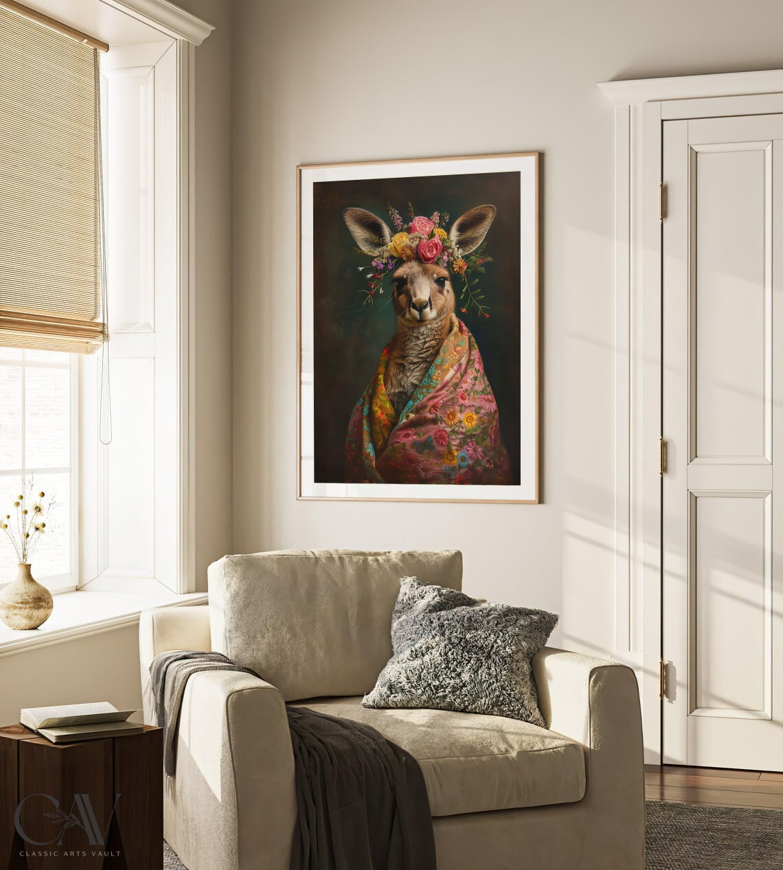 Kangaroo Flower Crown Portrait Colorful Floral Shawl Wall Art - Image 4