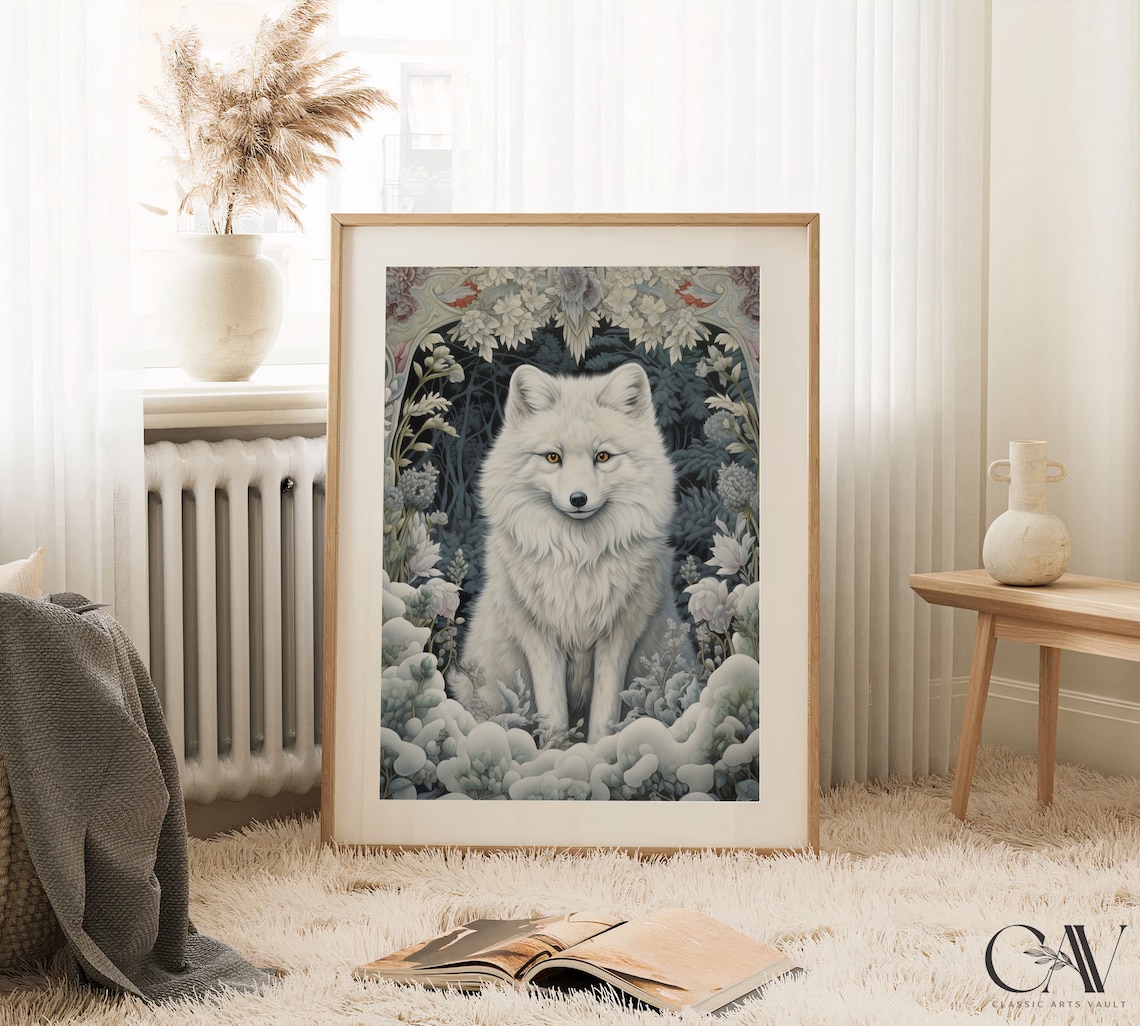 William Morris Inspired Arctic Fox Winter Art Print - Image 2