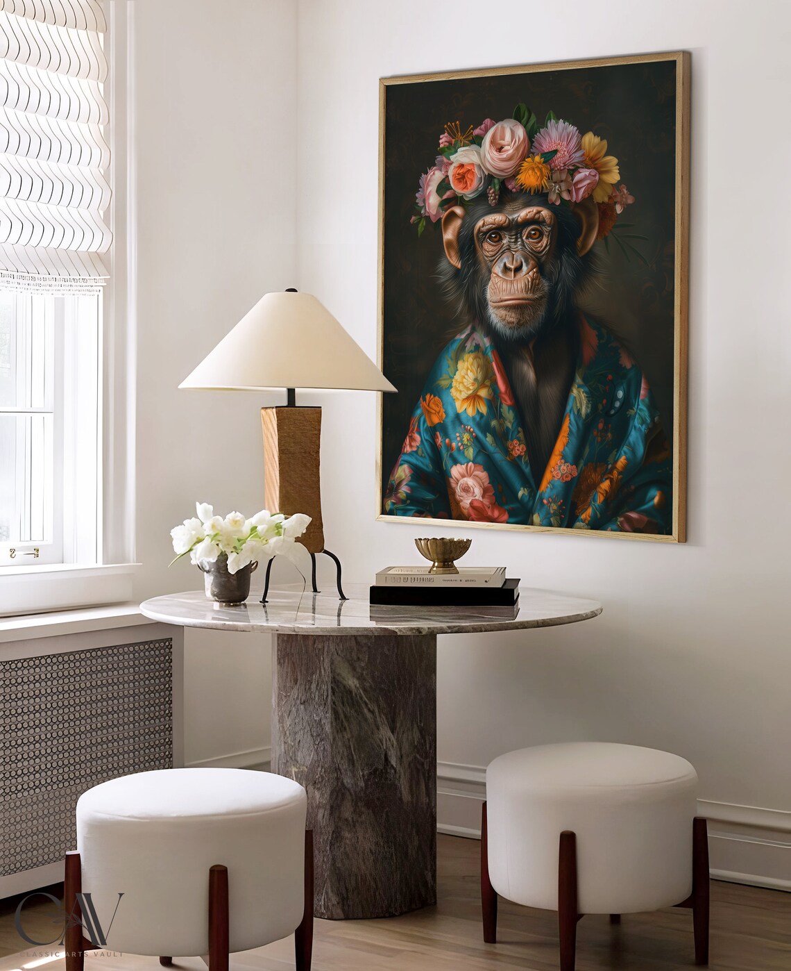 Chimpanzee with Flower Crown Floral Robe Dark Portrait Poster - Image 4
