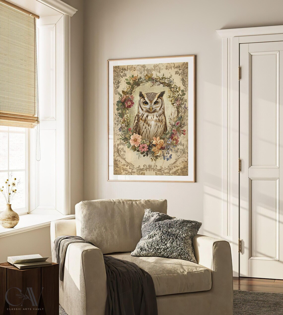 Vintage Owl Portrait In Floral Wreath On Aged Cream Paper Poster - Image 4