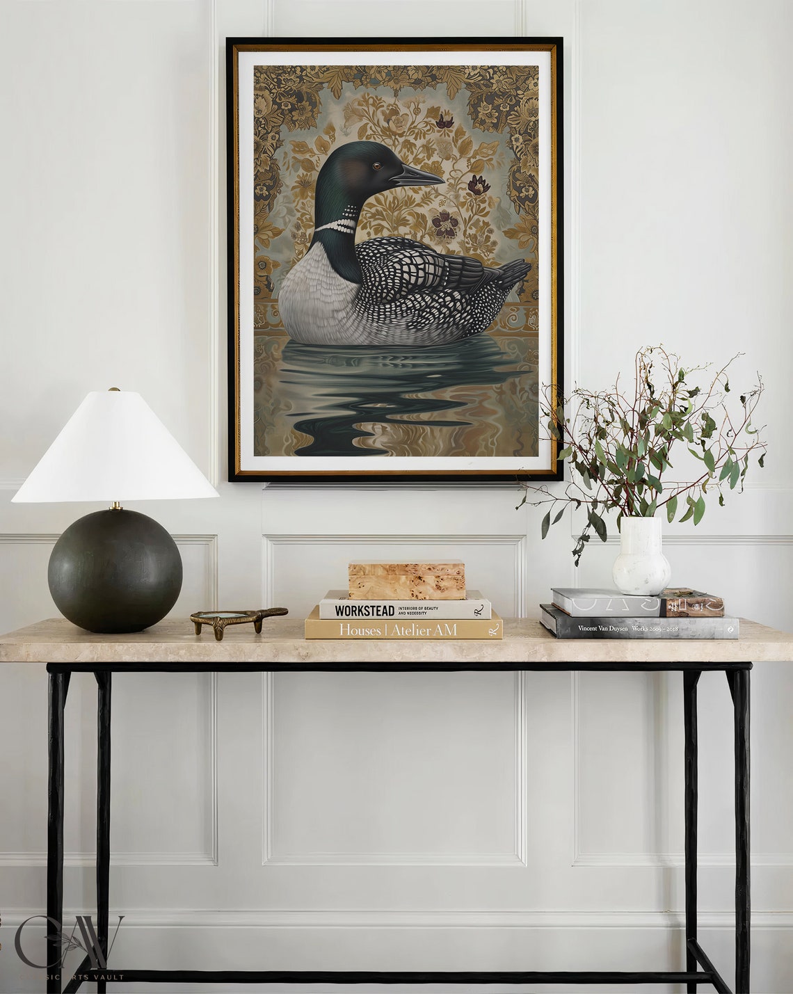 William Morris Style Loon Bird Gold Botanical Lake Scene Wall Art - Image 4