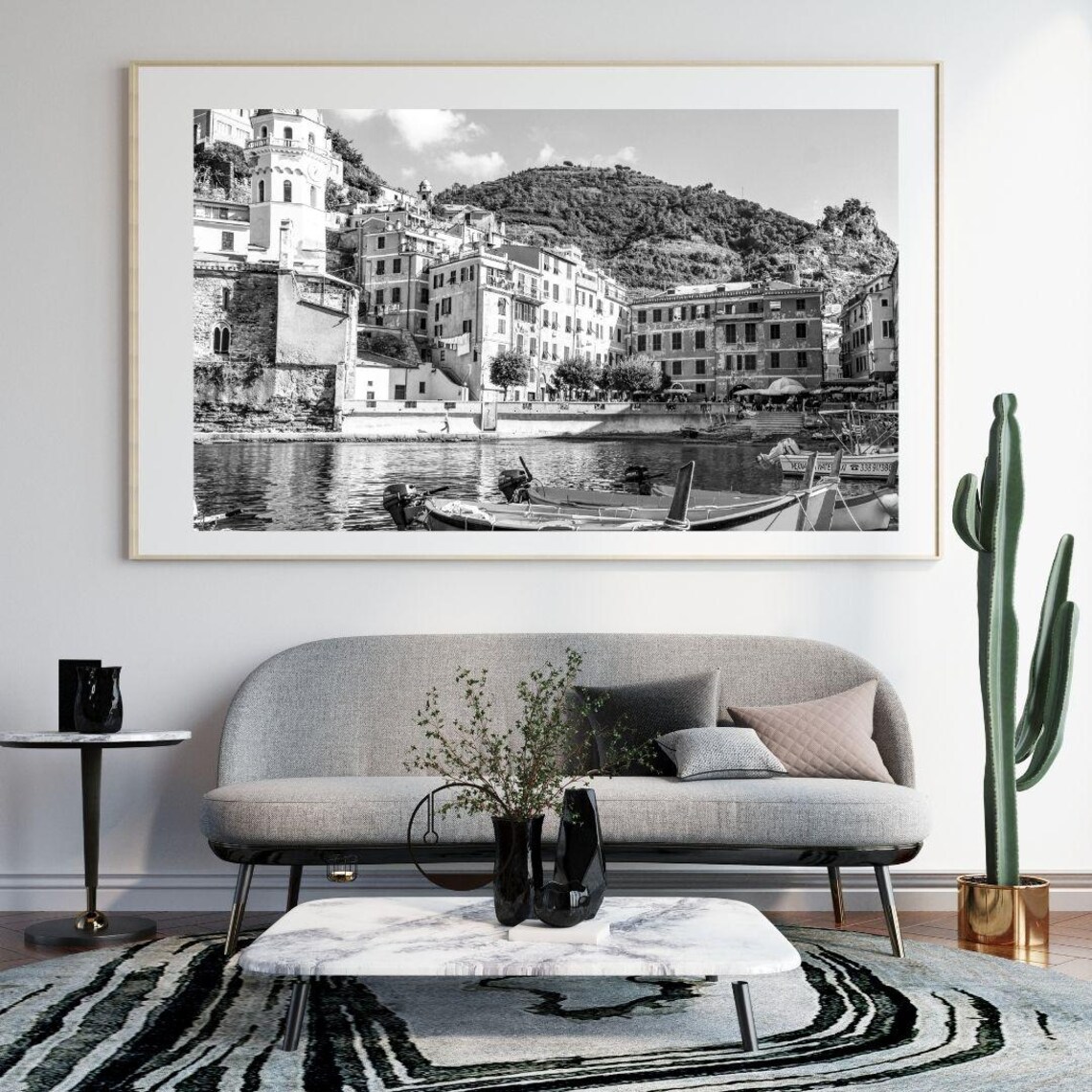 Italian Coastal Village Harbor Boats Black And White Photo Poster - Image 3