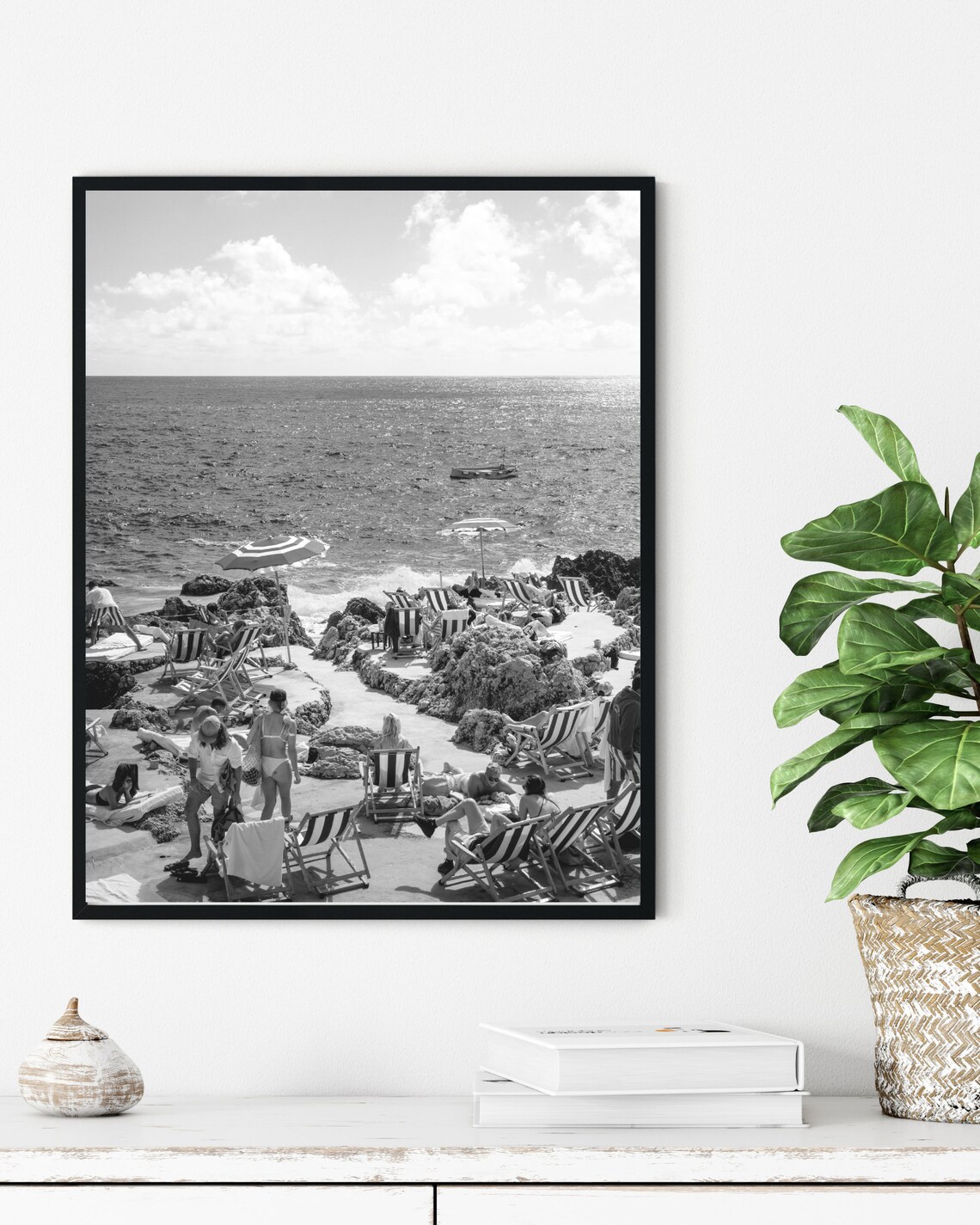 Italian Rocky Beach Sunbathers Black And White Coastal Photo Print - Image 3
