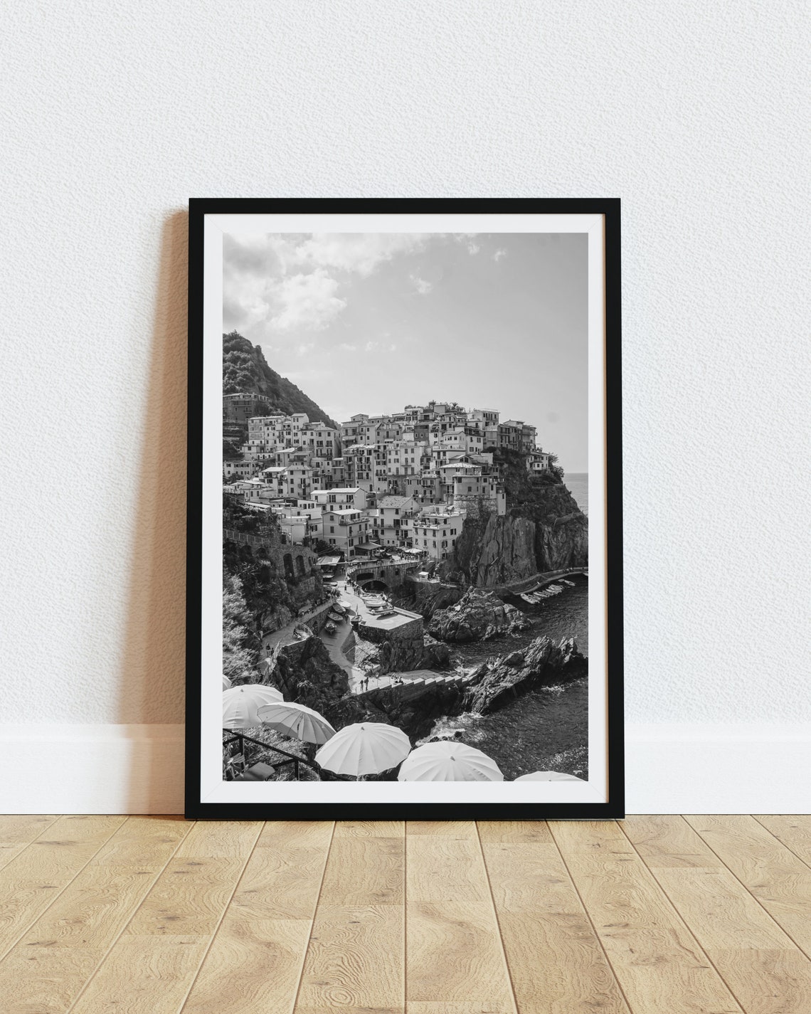 Cinque Terre Cliffside Town Umbrellas Black And White Photo Poster