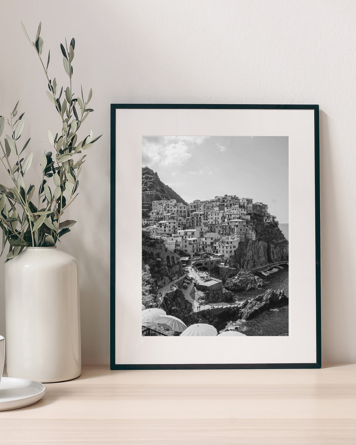 Cinque Terre Cliffside Town Umbrellas Black And White Photo Poster - Image 4
