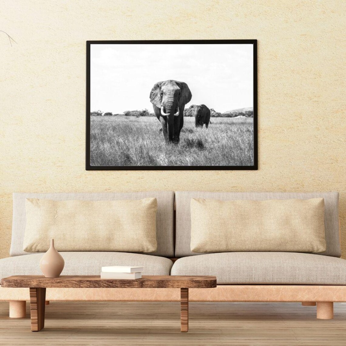 African Elephants Savanna Black And White Wildlife Photo Poster - Image 2
