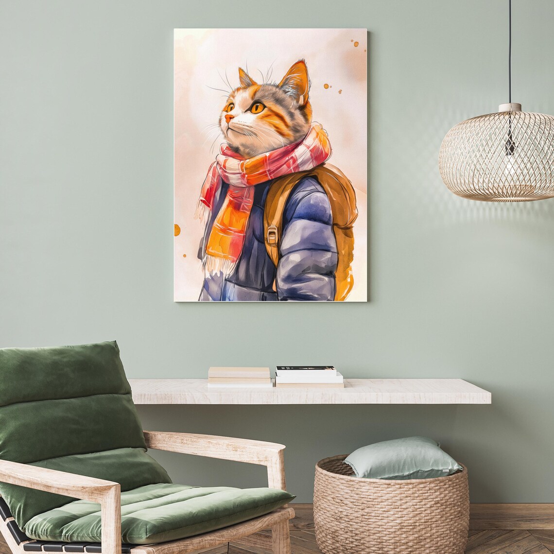 Adorable Tabby Cat in Puffer Jacket and Scarf Watercolor Animal Art Poster - Image 4
