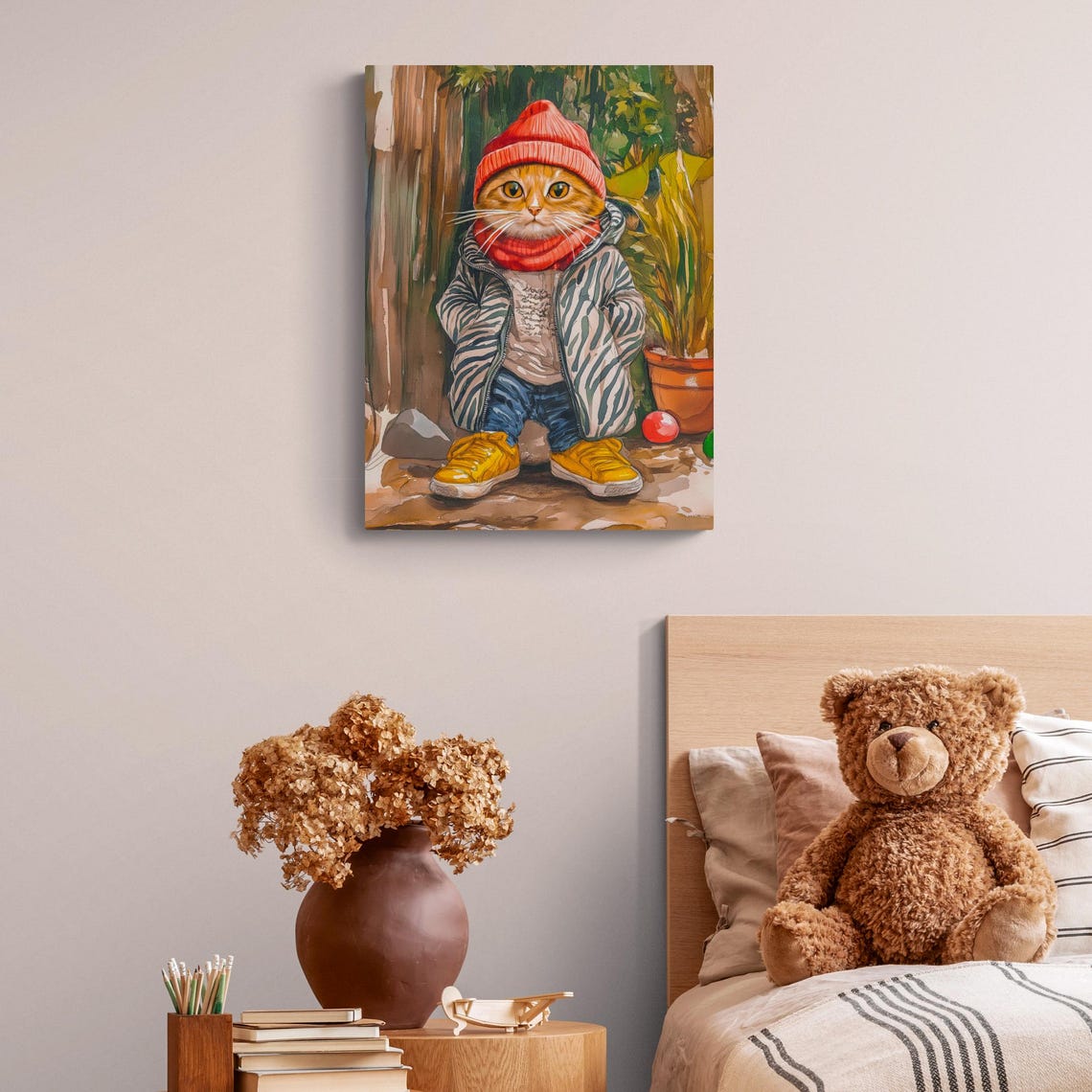 Cool Cat Winter Outfit Red Beanie Striped Jacket Funny Cat Poster - Image 4