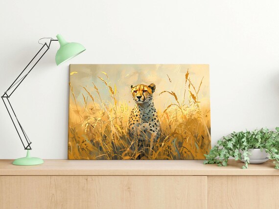 Savannah Cheetah In Golden Grass Wildlife Artistic Painting Poster