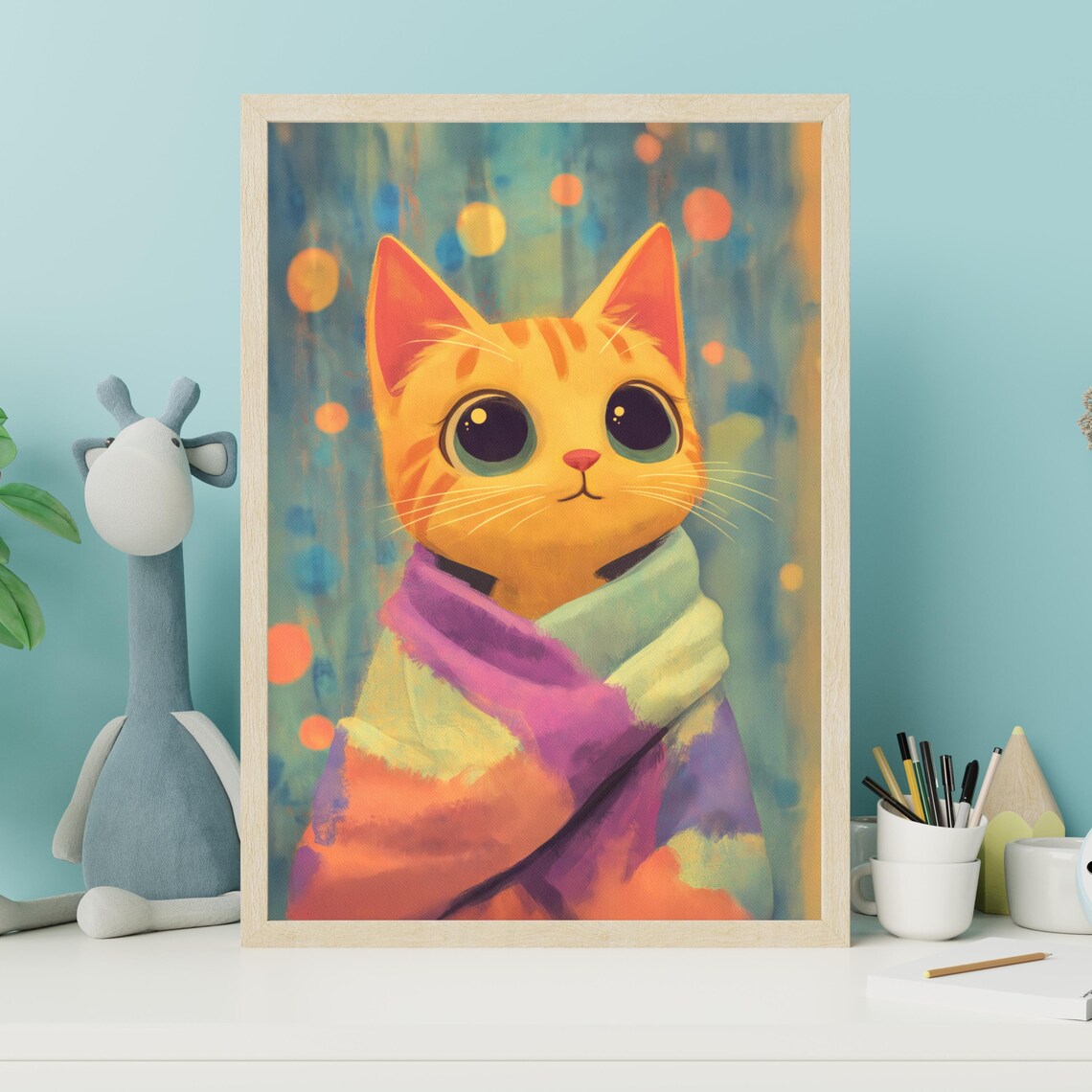 Cute Orange Kitten Wrapped In Rainbow Blanket Kids Room Animal Poster - Image 3
