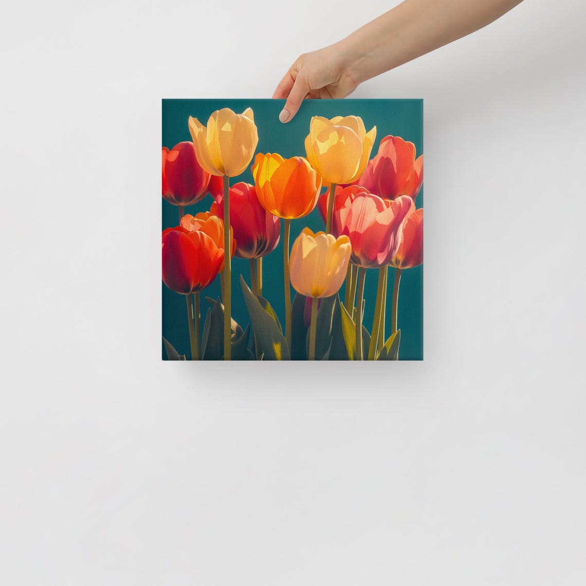 Red Yellow Tulips On Deep Teal Backlit Dramatic Floral Art Poster - Image 4